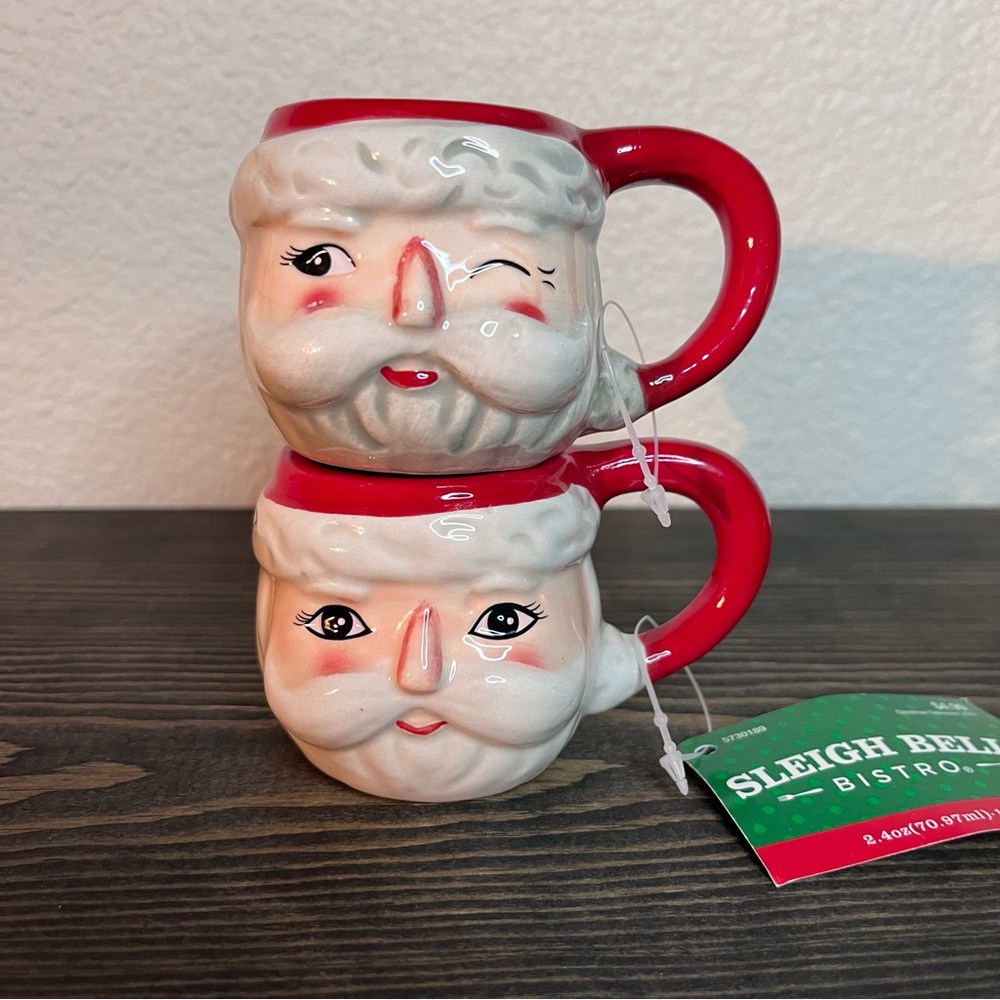 2014 Sleigh Bell Bistro Santa Claus Face Christmas Mugs Set 2 Red Ceramic
